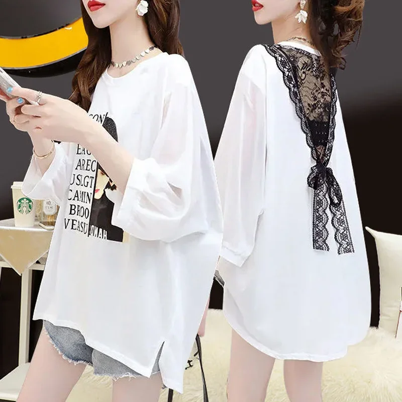 

Summer New Backless Lace Patchwork T Shirts O Neck Short Sleeve Loose Solid Printing Trend Tops Casual Fashion Women Clothing