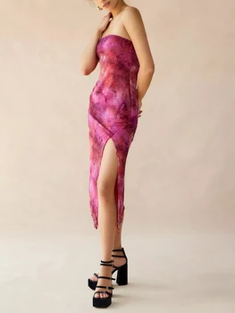 Women Floral Mesh Dress Summer Backless Strapless Split Party Dress for Cocktail Beach Streetwear Aesthetic Clothes 3