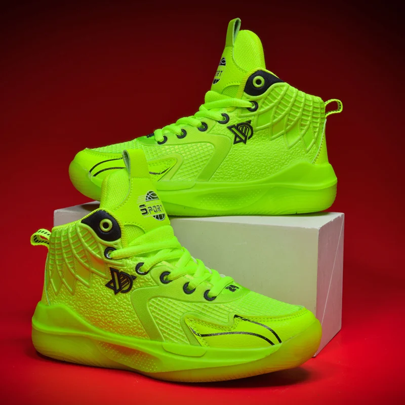 

New Hot Sale Green Boys Basketball Shoes Sneakers Kids Non-slip Children Sports Shoes Thick Sole Child Boy Basket Trainers Shoes