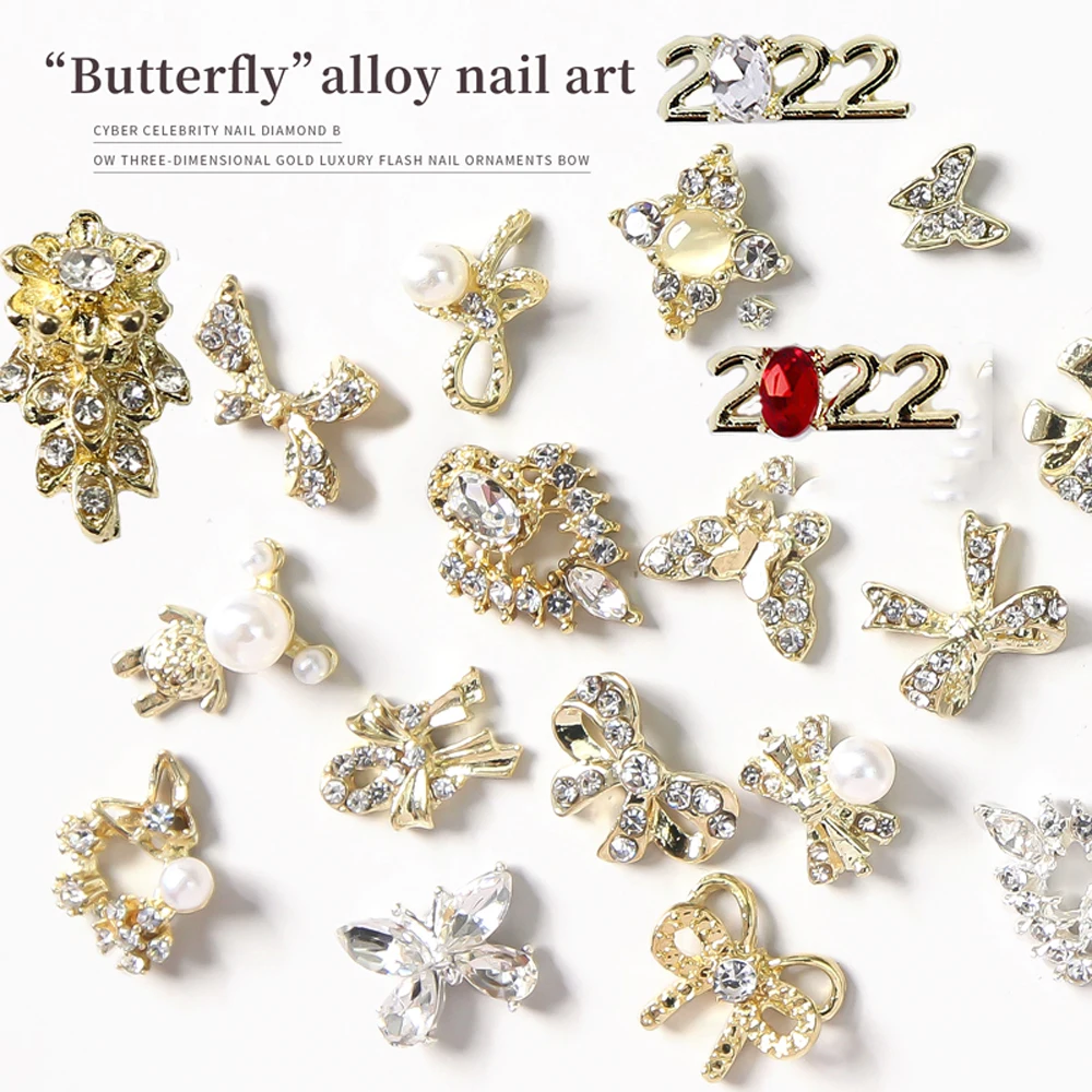 10P Set 2022 Charms,Metal Zircon Butterfly Nail Art Charm Retro Alloy