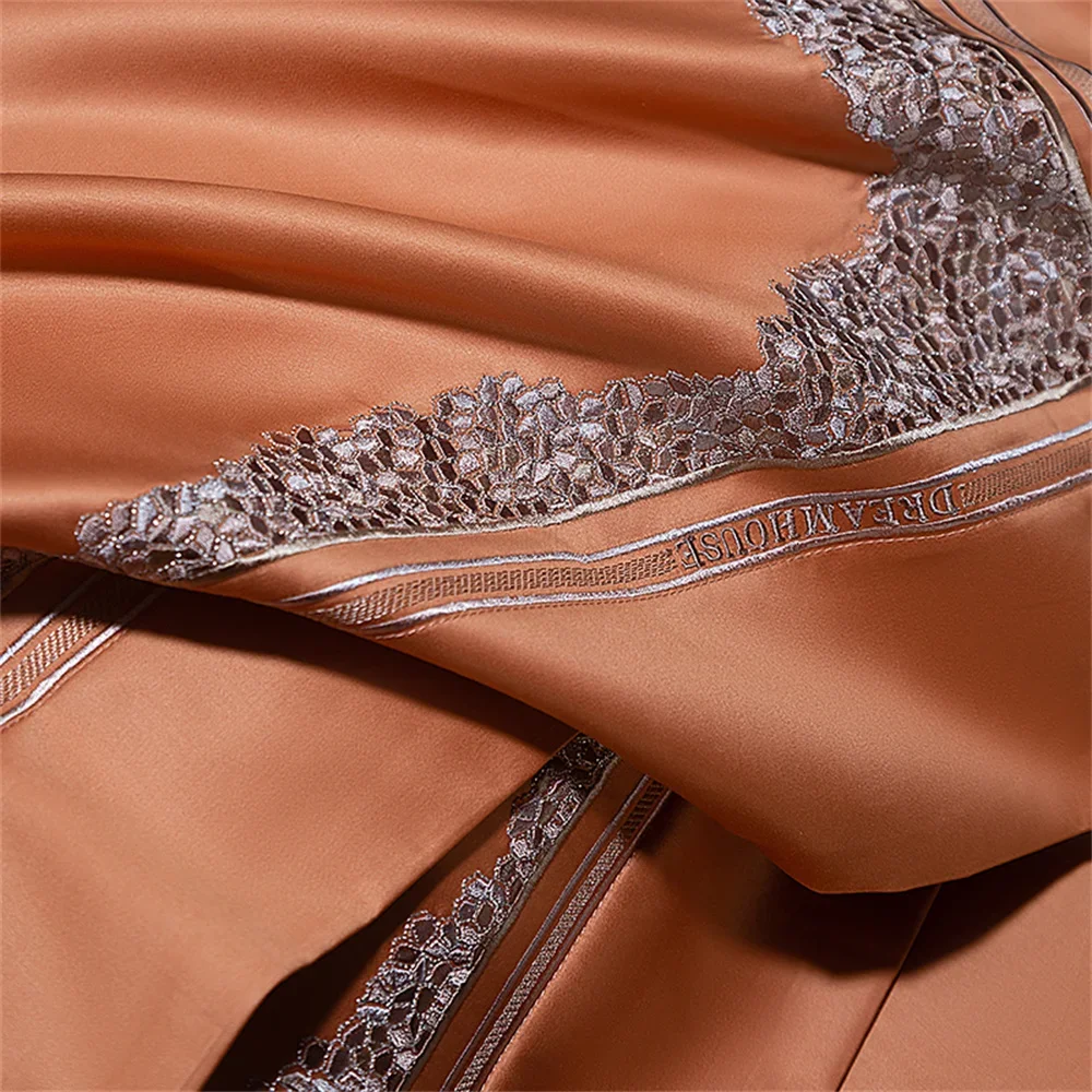 Svetanya Orange Egyptian Cotton Satin Jacquard Embroidery bedding set King Queen Bed Lines Elastic Sheet Pillowcase Duvet Cover - Image 5