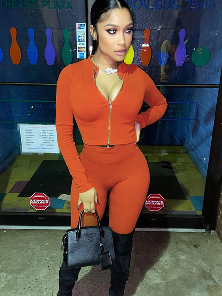 Yiallen Autumn Solid Simple Two Piece Set Women Slim Casual Sporty Long Sleeve Zipper Top+Body-Shaping Female Activewear Outfit - Image 4