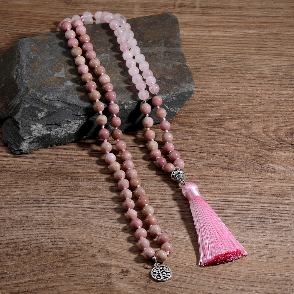 

OAIITE 108 Japamala Natural Rhododendron Powdery Crystal Beaded Necklace Women Bohemian Necklace Fringe Sweater Chain Jewelry