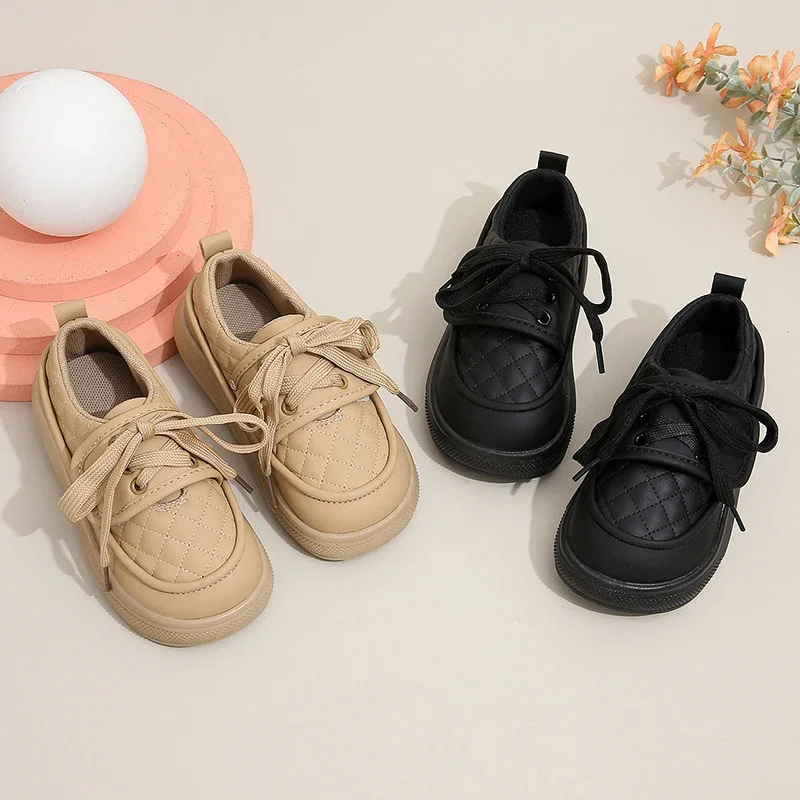 Children Leather Casual Shoes Lattice Slip-on Chunky Sneakers Spring Autumn Girls Black Shoes Princess Flats Comfortable Loafers