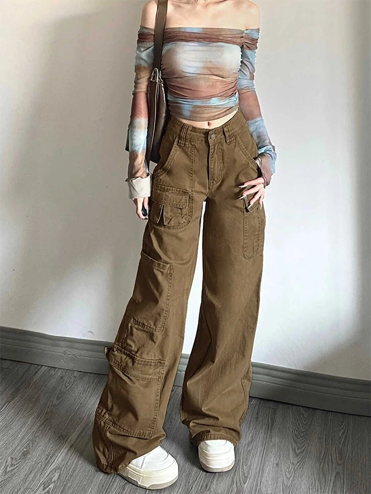 Women's Brown Y2k Cargo Jeans Harajuku Denim Trousers 90s