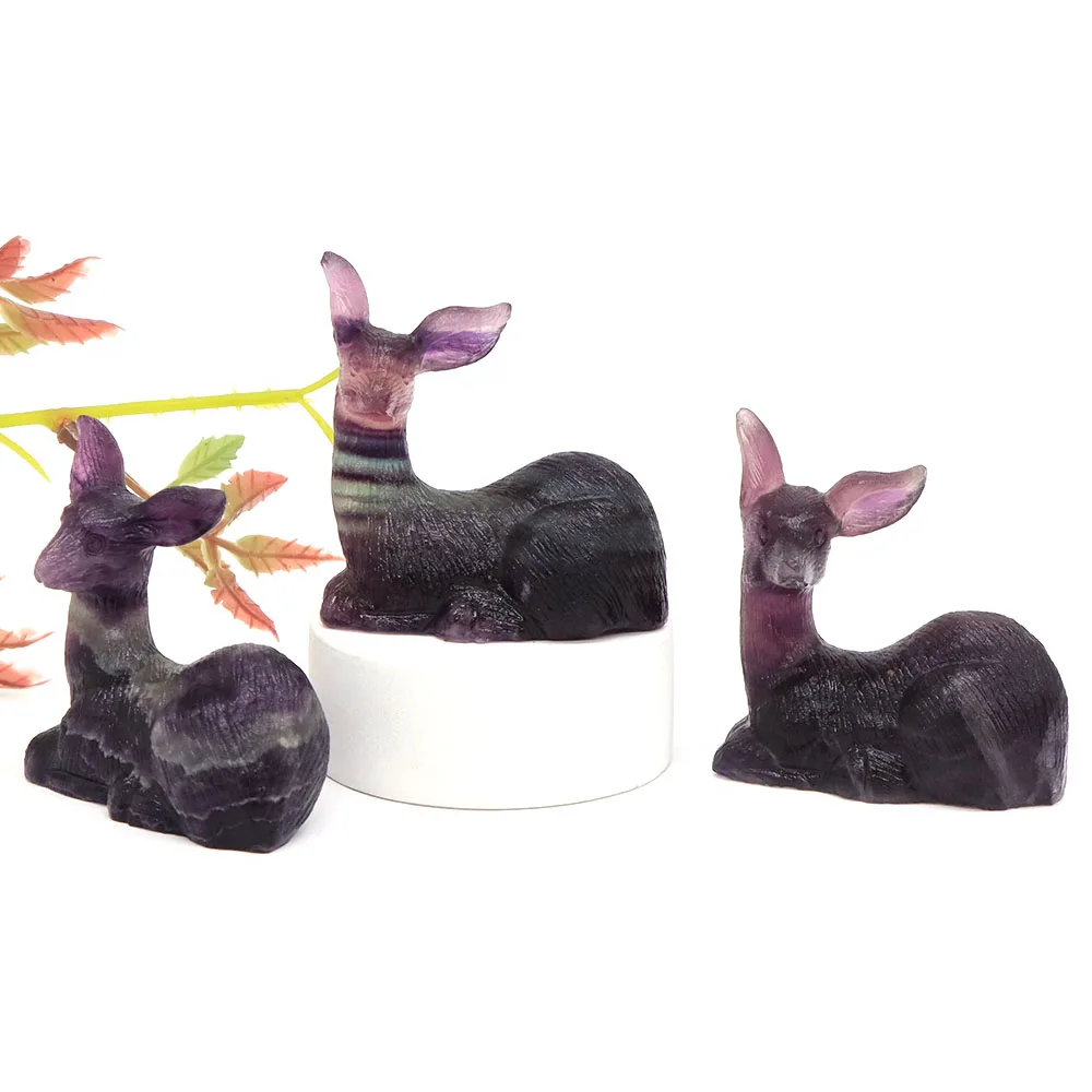 2DeerStatueNaturalGemstoneFluoriteReikiHealingCrystalStone
