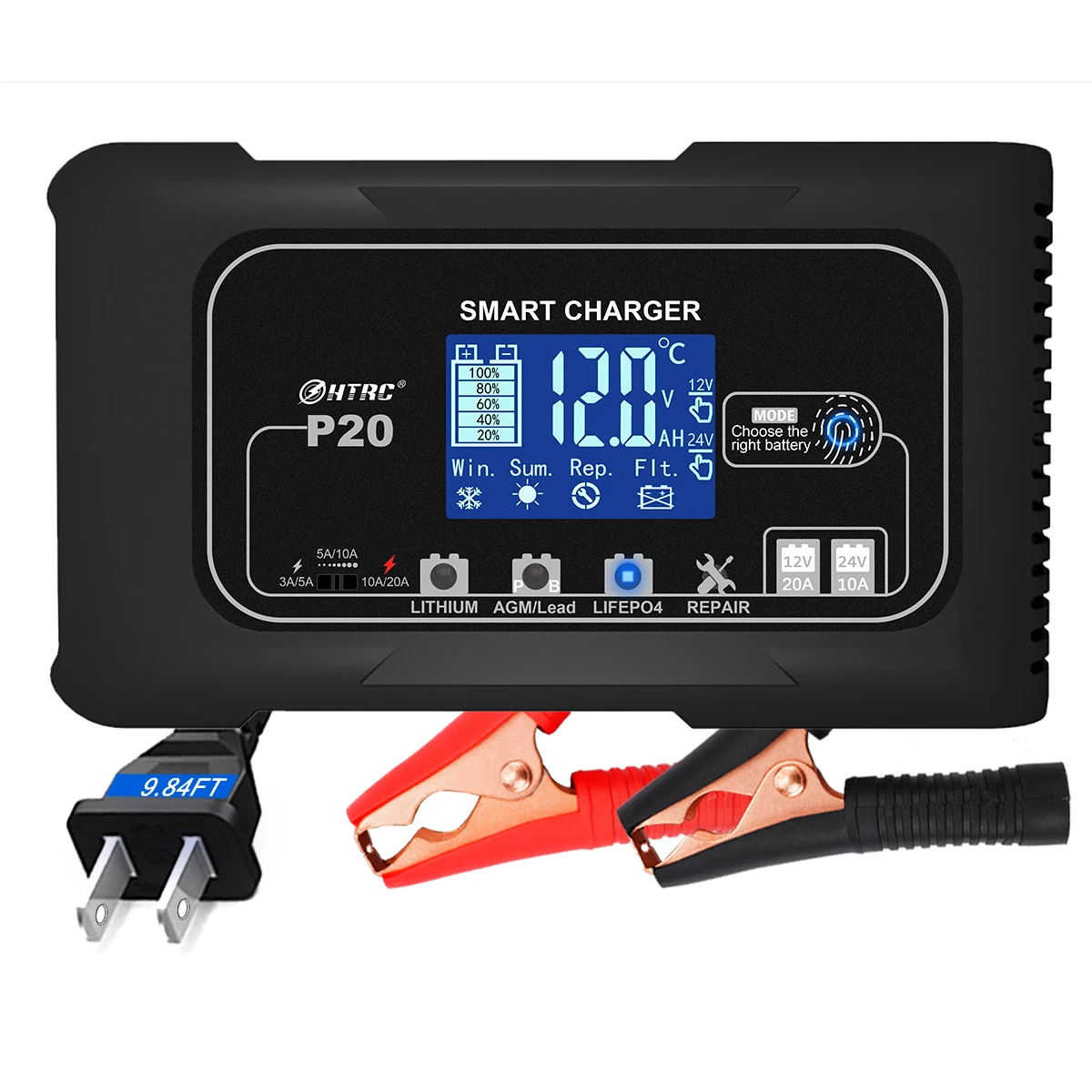 HTRC 20A Car Battery Charger 12V20A 24V10A Charger for Lithium Lead-Acid LiFePO4 Battery 7-Stage Automatic Motorcycle Charger ebc b20h 12v 72v lead acid lithium battery pack capacity tester can be connected to an external charger and discharge meter 20a