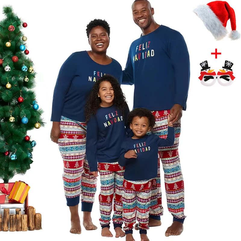thumbnail image 2 of Pijama navideño de algodón a juego para toda la familia, conjunto de camiseta de manga larga con estampado de letras y pantalones retro, pijama navideño para mamá y papá para niños, 2 of 5