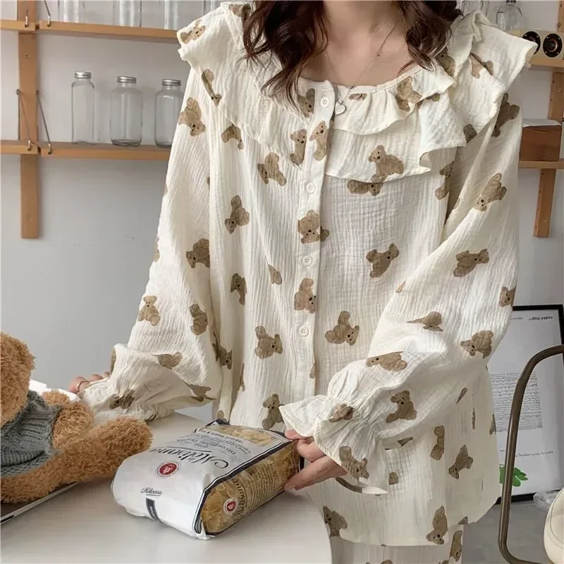 

Bear Elegant Cartoon Pajamas Tops Women Set Lolita Kawaii Two Shirts Sleepwear Nightwear Ruffles Trousers Double Piece
