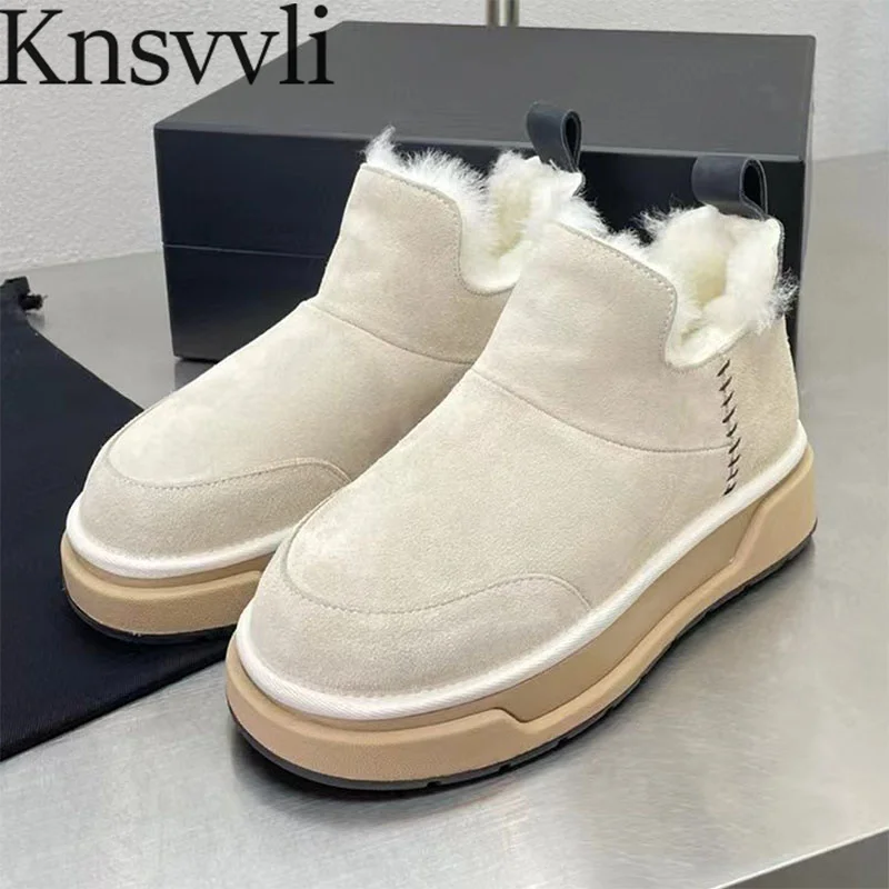 

Winter Snow Boots Woman Round Toe Slip-on Flat Shoes Women Cow Suede Wool Warm Short Boots Thick Sole Ankle Boots Women