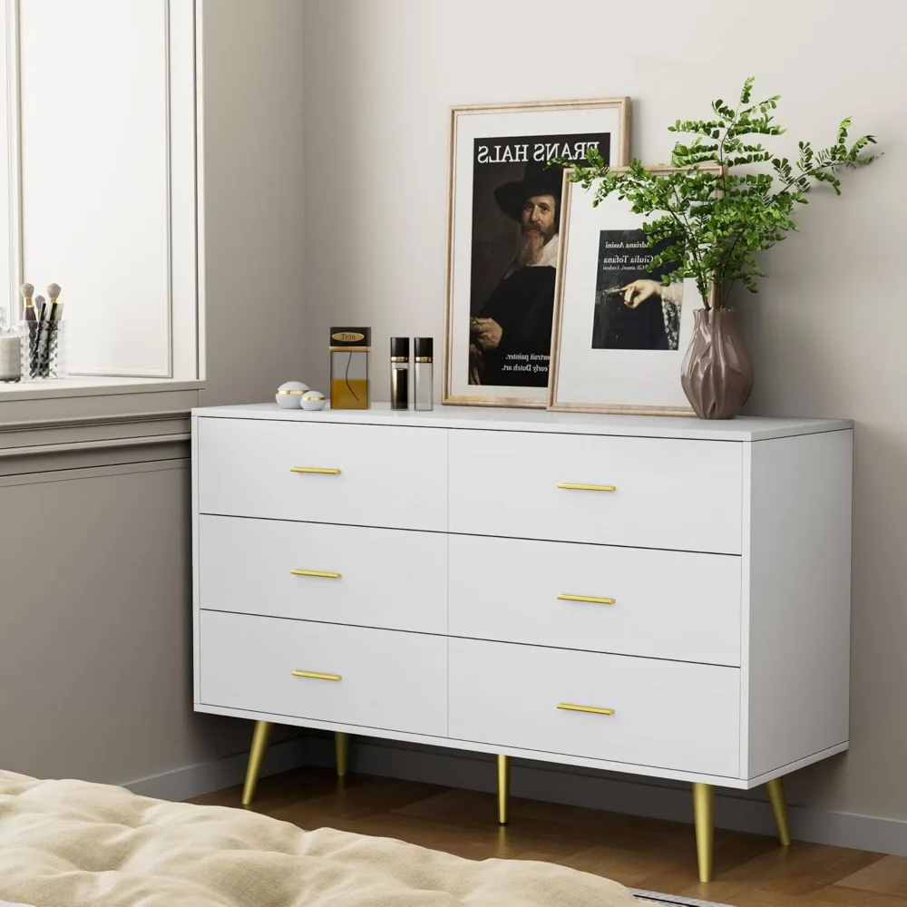 6 Drawer Dresser for Bedroom, Wooden Double Dresser with Gold Handles, Modern Chest Dresser with Deep Drawers for Living Room 3