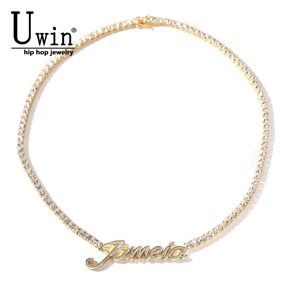 

Uwin Custom Name Necklace Cursive Letters Pendant Iced Out Bling Cubic Zircon With 4mm Tennis Chain Charm Hiphop Jewelry