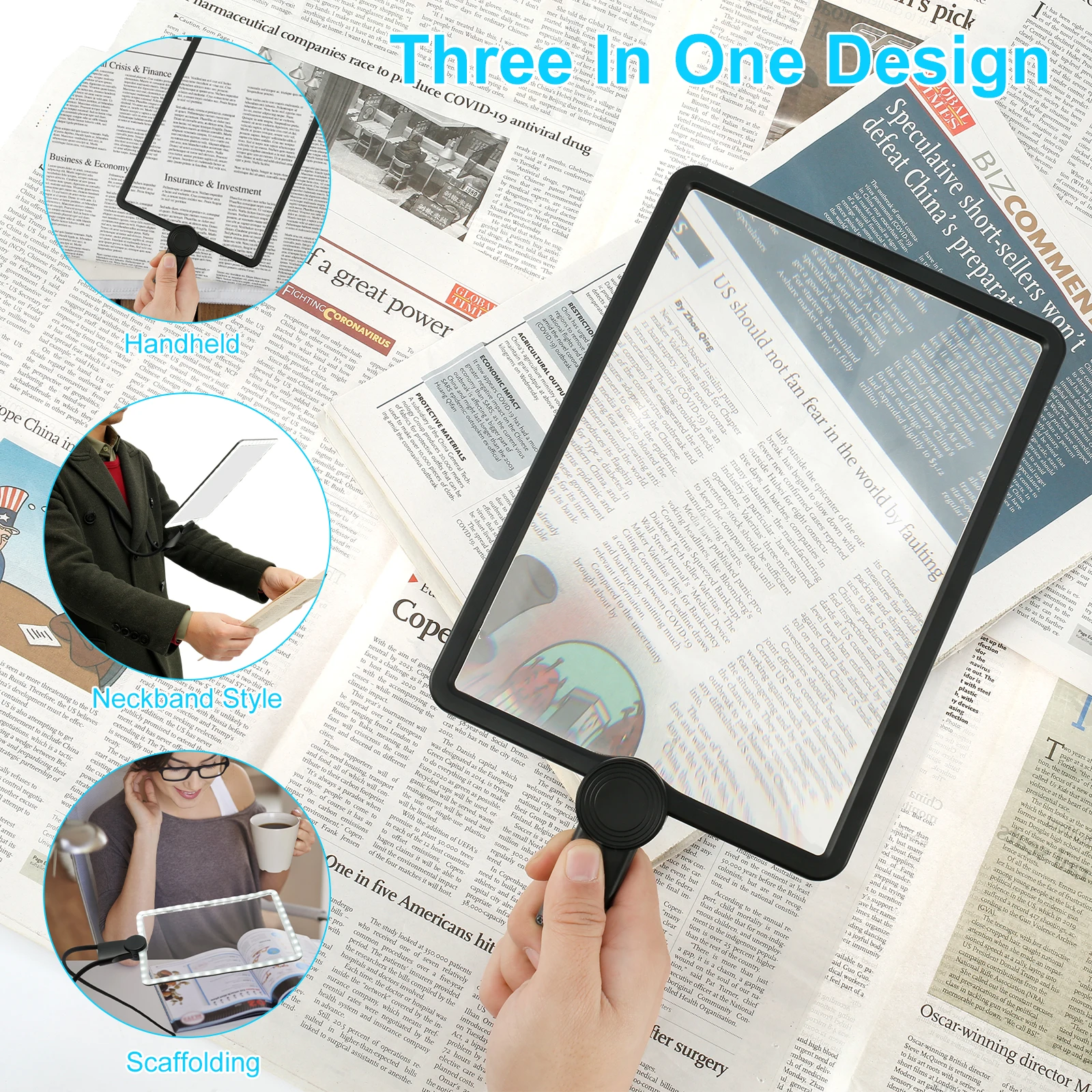 5X Dimmable Neck Wear Magnifying Glass Square LED Reading Magnifier for Full Book Page