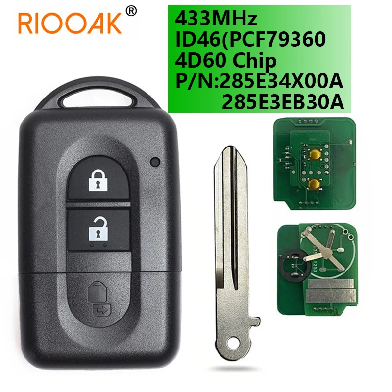 

285E3EB30A 285E34X00A for Nissan Juke Navara Micra Xtrail Qashqai Duke 433MHz ID46 PCF7936/4D60 Chip Remote Control Car Key