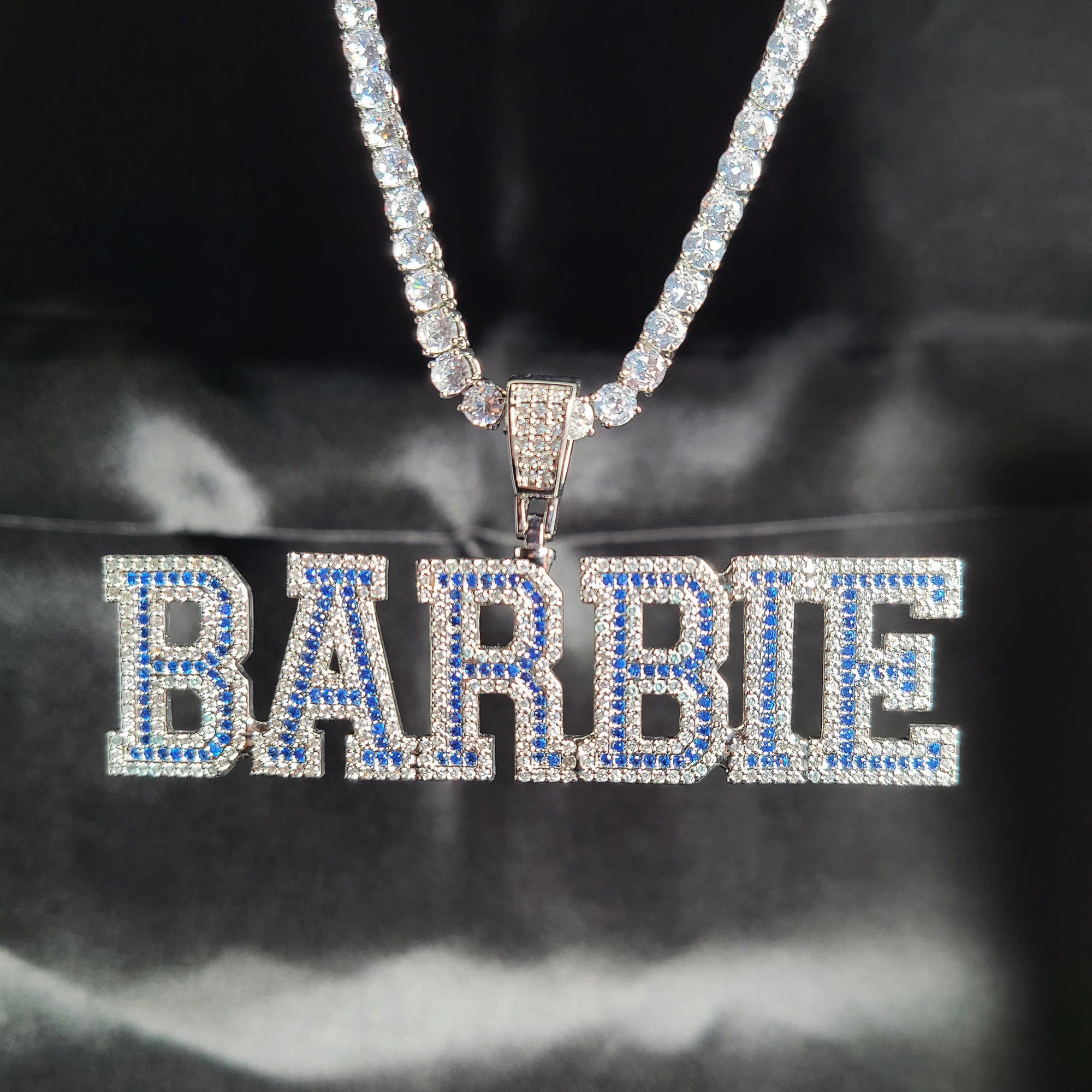 Blue Stone Custom Letters Necklace, Personalized Nameplate, Prom Jewelry, Personalized Name Chain, Bling Hip Hop Jewelry