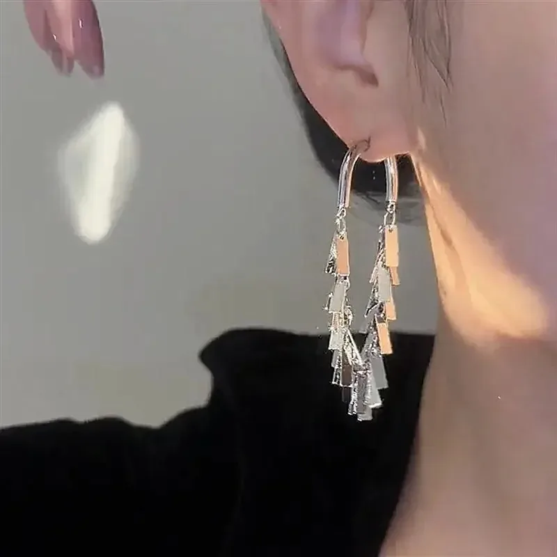 Fashion Exaggerated Long Tassel Earrings for Women Sparkling Circular Rectangular Shape Hoop Earrings Female Elegant Jewelry