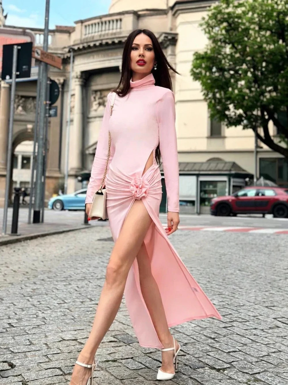 2024-pink-women-sexy-chic-elegant-long-sleeve-hollowed-out-3d-flower-pleated-high-split-bodycon-celebrity-party-long-dress