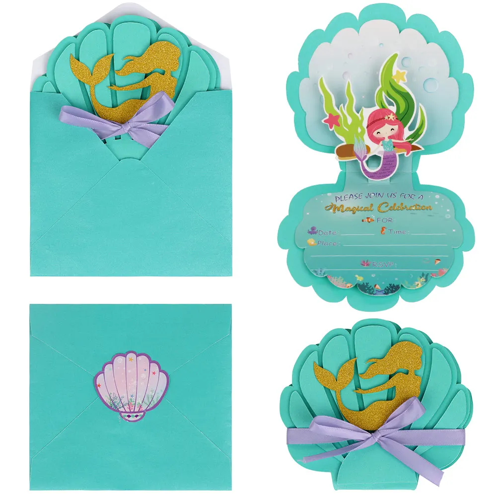 6pcs Invitation card Mermaid Party Invitations, Mermaid Birthday Party Supplies with Envelopes for Kids Girls Birthday Wedding