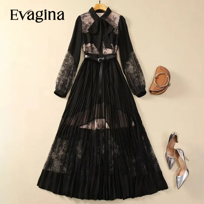 

Evagina New Fashion Runway Designer Women's Lapel Lantern Sleeves Bow Knot Frenulum Hollowing Out Perspective Lace Black Dress