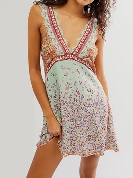 Women’s Sleeveless Lace Trim Dress Eyelash Deep V-Neck Floral Print Backless Mini Dress 1