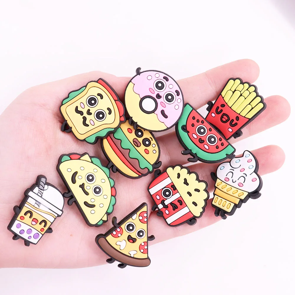 

Mix 50PCS PVC Croc Charms Fries Pizza Ice Cream Beverage Sandwich Burger Donut Popcorn Watermelon Taco Croc Jibz Buckle Kid Gift