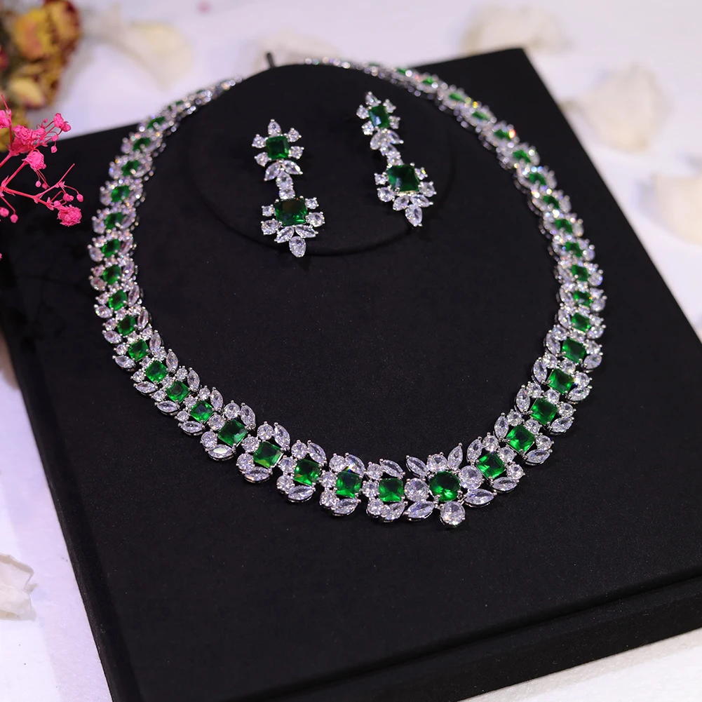 

Shiny 3A Cubic Zirconia Green Color Circular 2pcs Jewelry Sets Bride Dinner Accessories Wedding Necklace For Women Z024