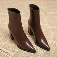 Autumn Winter Fashion Pointed Toe Ankle Boots Women Zippers Thick Heels Shoes Street Style Banquet Party Short Botas Mujer