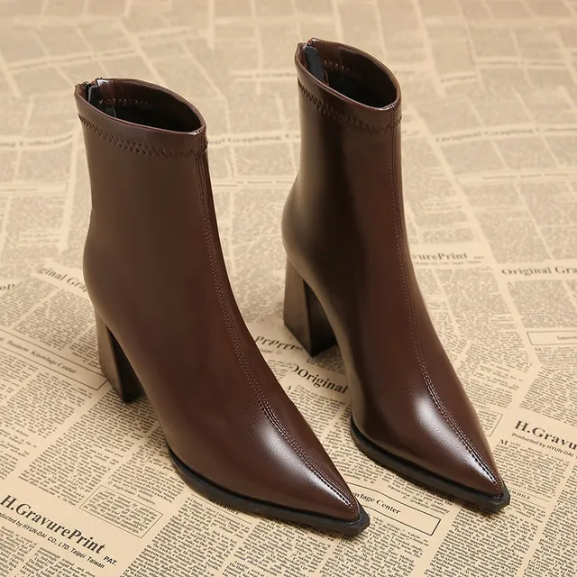 Autumn Winter Fashion Pointed Toe Ankle Boots Women Zippers Thick Heels Shoes Street Style Banquet Party Short Botas Mujer