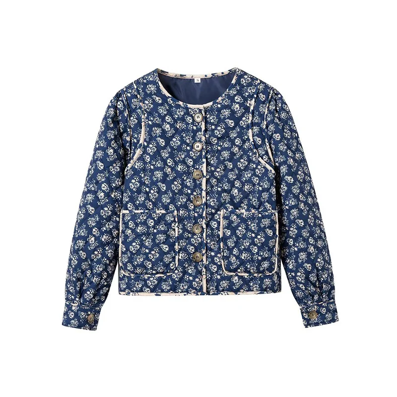 

SLTNX TRAF Print Quilted Jackets for Women O-Neck Chic Single-breasted Autumn Coats Ladies Long Sleeve with Pockets Outerwear