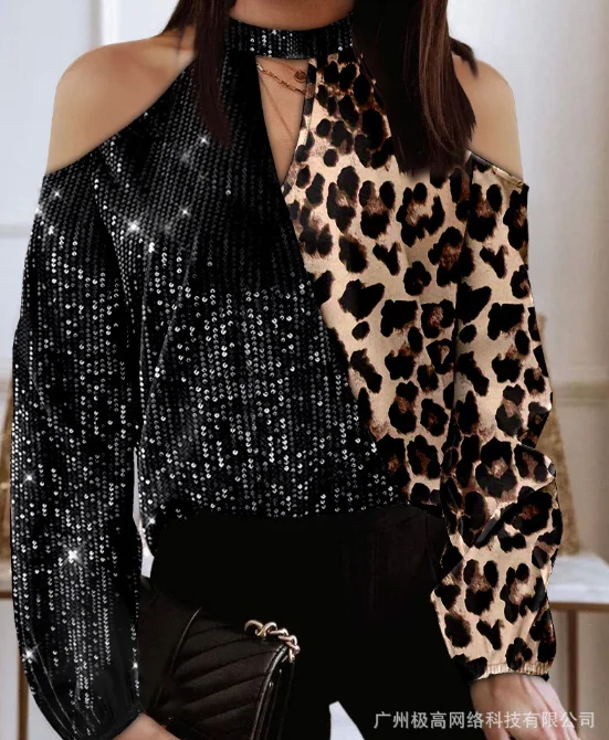 Top Women Autumn Sexy Leopard Pattern Sequin Splicing Off The Shoulder Loose Sweater Casual Vintage Oversized Knitted Pullovers