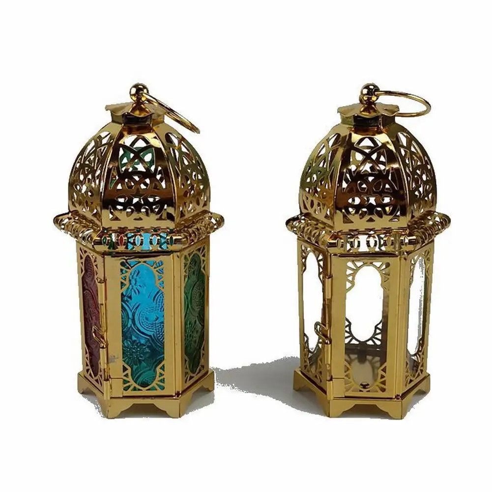 Gold European Castle Candlestick Vintage Hanging Candle Holder Moroccan Glass Candle Lantern Wedding Home Decor Ornaments