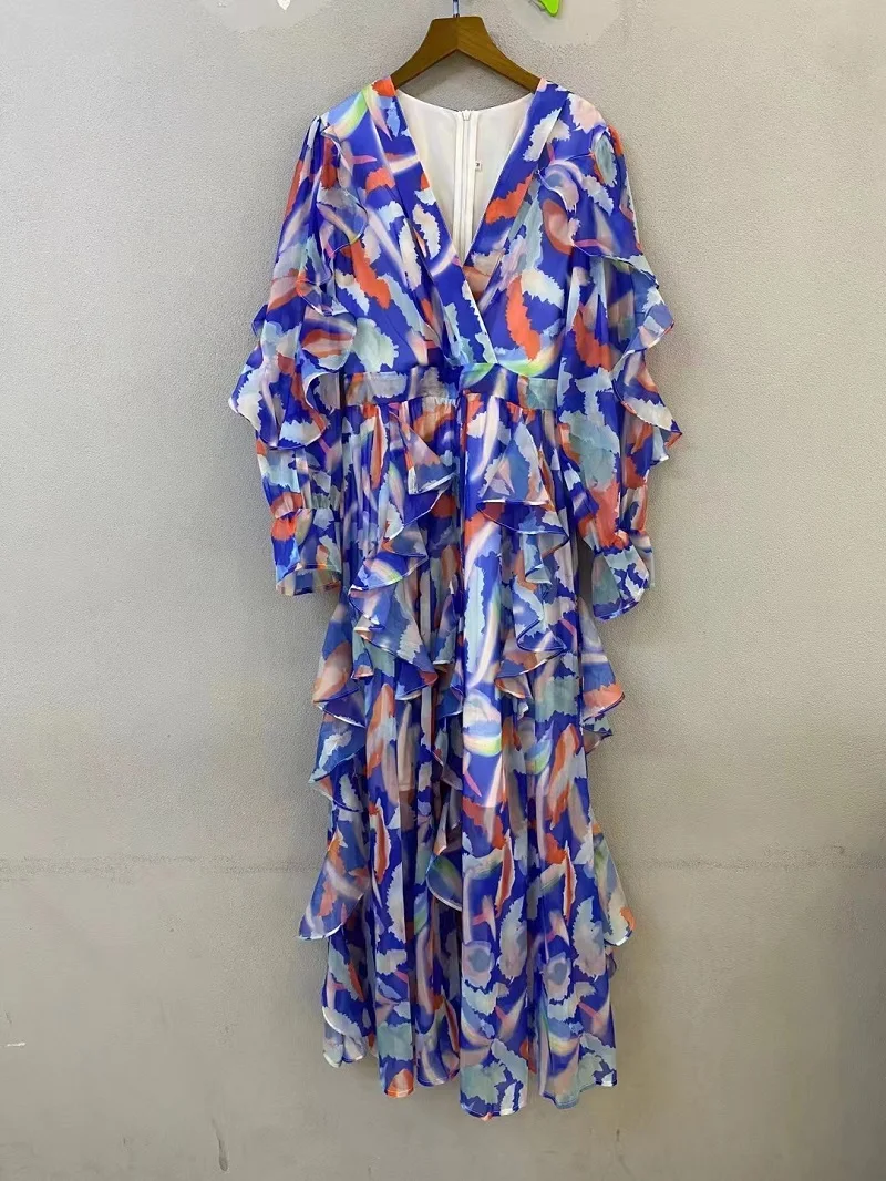 

Top Quality New 2022 Autumn Dress Women V-Neck Exquisite Prints Cascading Ruffle Dress Ladies Long Sleeve Party Casual Dresses