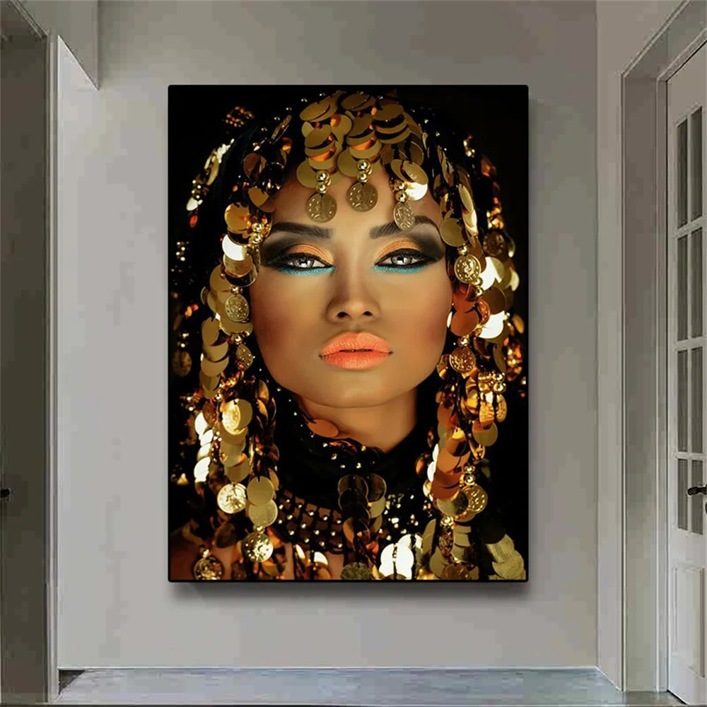 Mulher africana Maquiagem Vestindo Lantejoula Lenço Da Lona Pintura Abstrata Posters Impressão Wall Art Imagem Sala Home Decor