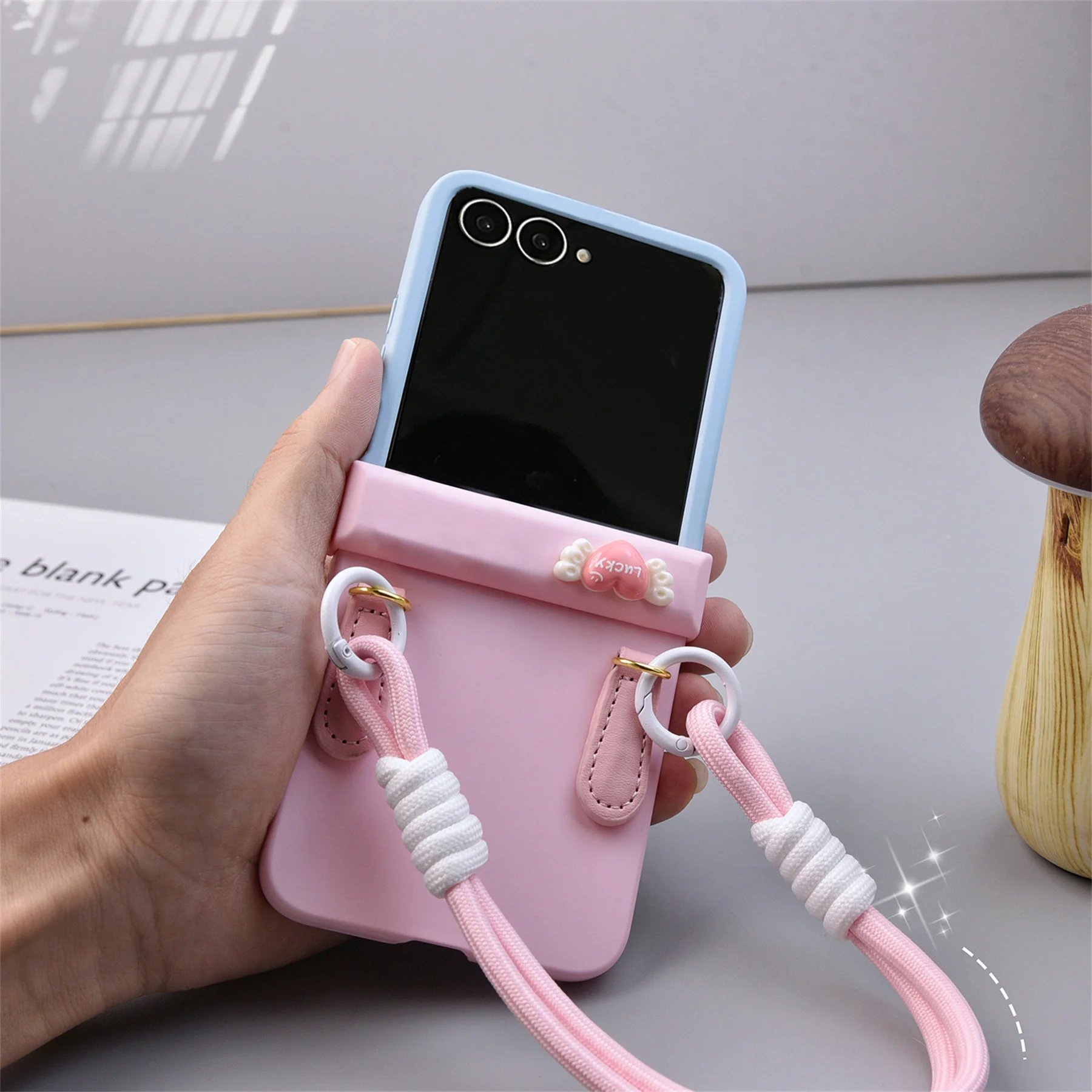 Luxury Fresh Blue Pink Wing Phone Case with Strap - Shockproof Cover