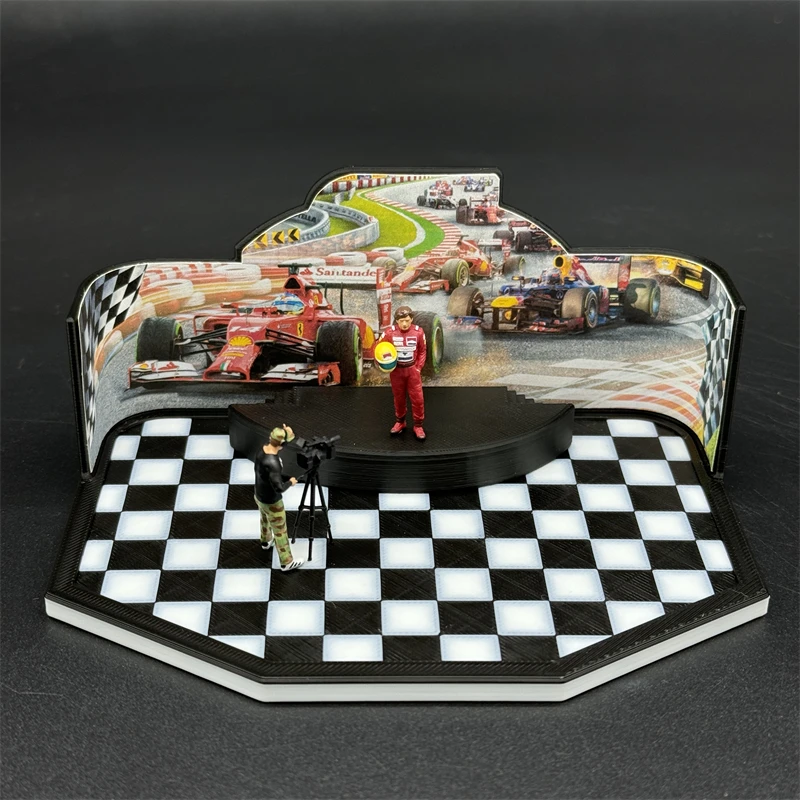 승자 포듐 차고 모델 F1 드라이버 세나 및 사진 작가 피규어, 절묘한 미니어처 디오라마 취미 컬렉션, 1/64 체중계