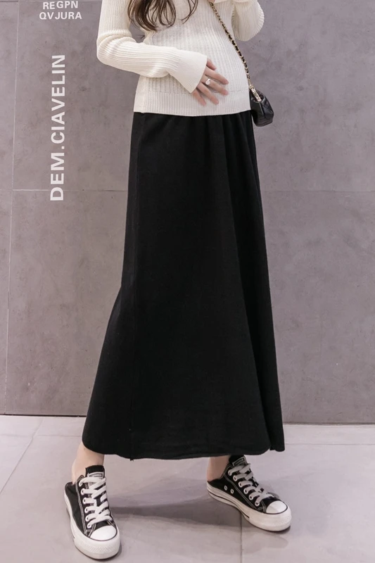 5568# Autumn Winter Knitted Maternity Long Skirts Elastic Waist Belly A Line Swing Clothes for Pregnant Women Loose Pregnancy