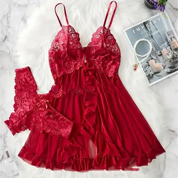 Set of 2 pieces Women's sexy lingerie set Deep V-dress thong erotic bra Set of briefs Lace night shirt Soft transparent night shirt 1