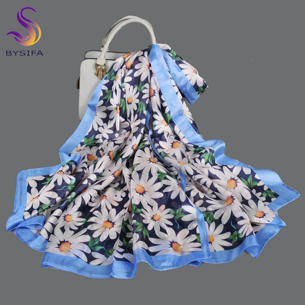 

BYSIFA|Blue White 100% Silk Scarf Shawl Bufanda New Fall Winter Fashion Daisy Summer Long Beach Shawl Spring Women Brand Scarves