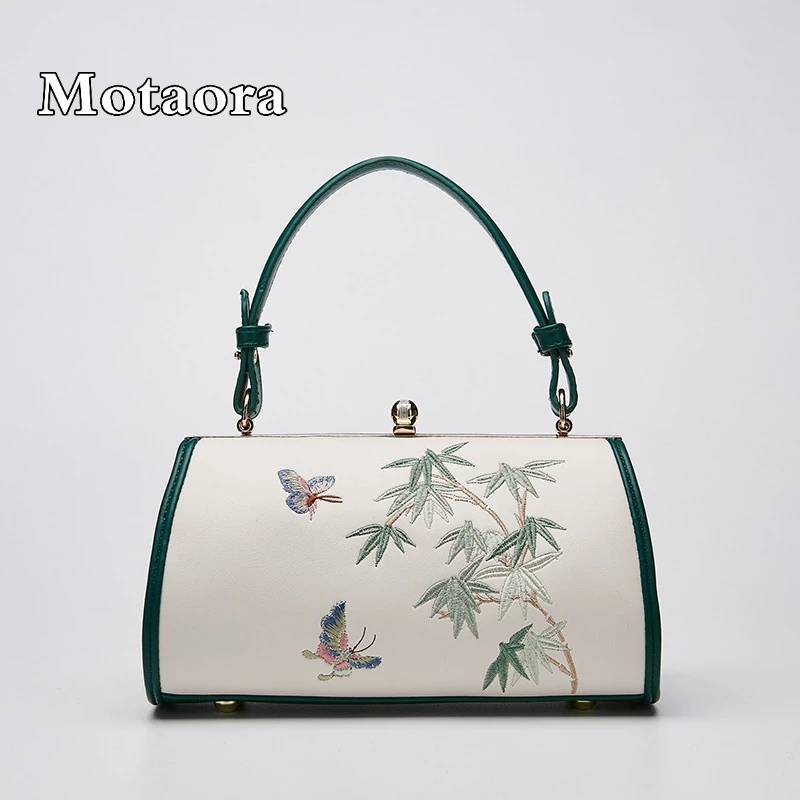 

Motaora New Vintage Women Leather Cheongsam Shoulder Bag Chinese Style Embroidery Handbag 2024 Simple Retro Crossbody Bags Lady