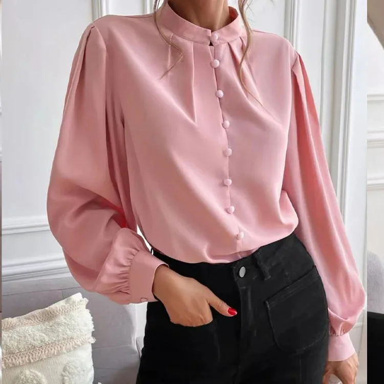 Women Button Blouses Stand Collar Shirts Office Lady Long Sleeve Casual Blouse Loose OL Shirt Baggy Tops Red/Wine Red /Black