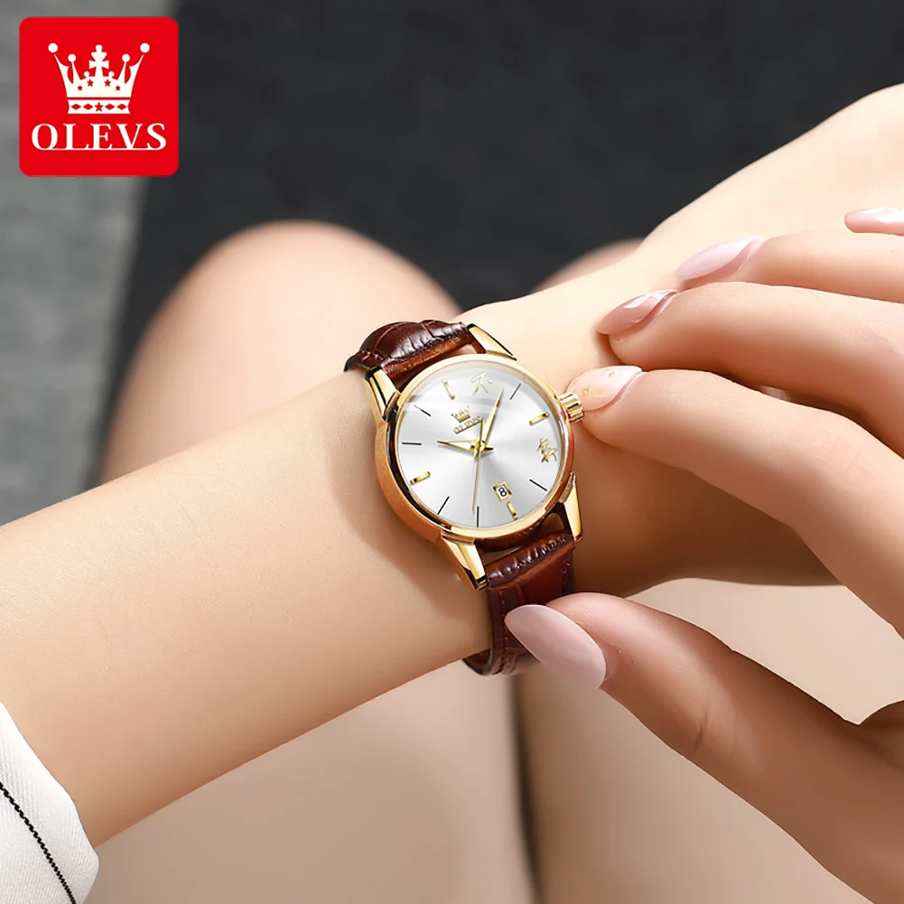 OLEVS Quartz Watch for Women Fashion Chinese Text Dial Leather Strap Waterproof Luminous Elegant Women's Wristwatch Reloj Mujer