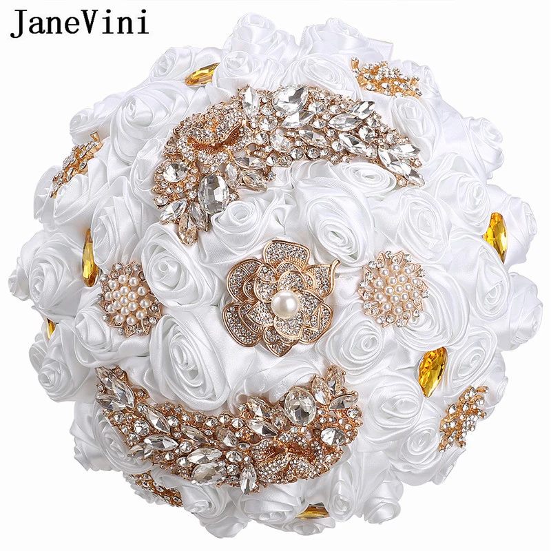 

JaneVini Marriage Flower White Crystal Rhinestone Bride Hand Bouquet Luxury Diamond Pearls Satin Bridal Wedding Bouquet De Novia
