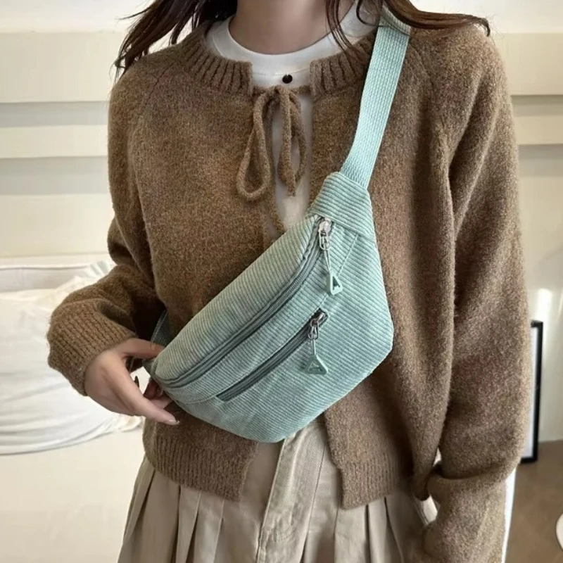 Lightweight Corduroy Fanny Pack Crossbody Bag Fashionable Retro Style Casual Chest Waist Bag Fresh Style Korean Version Handbags