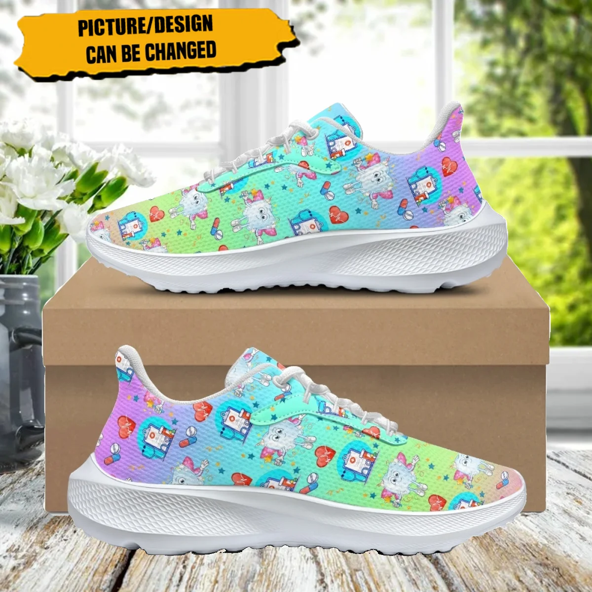 

Fashion Women Men Flats Color Gradient Teeth Pattern Design Casual Shoes Couple Breathable Mesh Female Sneaker Shock Absorption