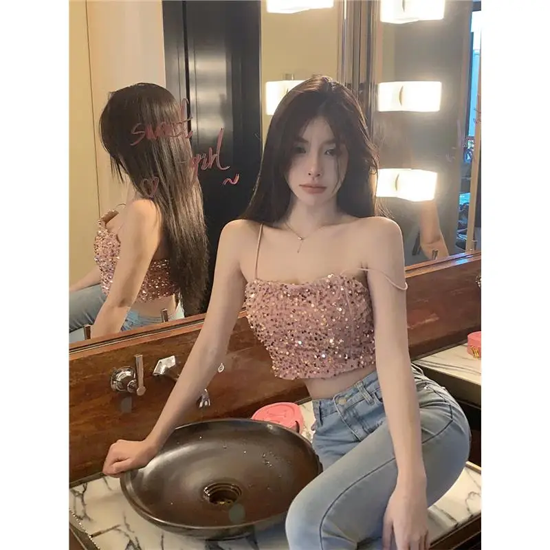 Pure Sexy Sparkling  ter Vest Inner Wear Summer New Sweet Spicy ort Slimming Top Women's Faion Bright Sequins Vest
