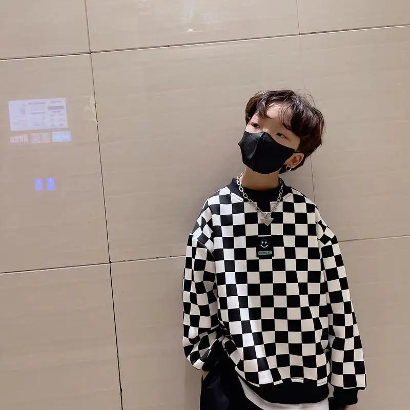 Boys Checkerboard Sweatshirts O-neck Pullover Long Sleeve T-shirts Autumn Loose 5-12 Years Old kids hoodie sweatshirts