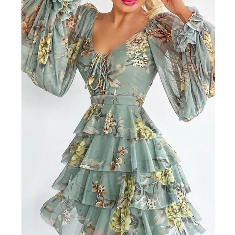 

2023 New Spring Summer V Neck Ruffles High Waist Floral Flower Mini Dress Sexy Women Blue Mini Dress