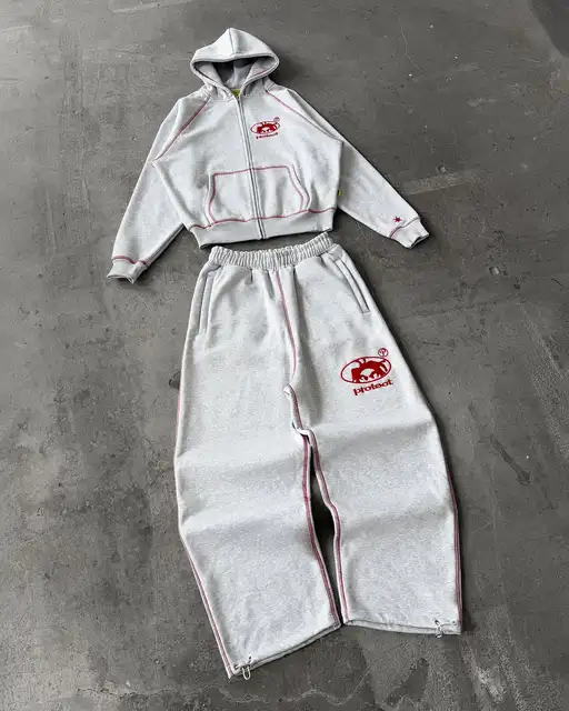 Survêtement gris décontracté pour hommes, coupe ample, Streetwear coréen, Style américain Y2K rétro, tenue deux pièces, sweat à capuche, pantalon de jogging 1