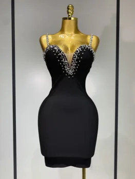Women Sexy Sling V-neck Black Mini Bodycon Bandage Dress Luxury 2025 Celebrity Evening Club Celebrity Elegant Party Gowns 1