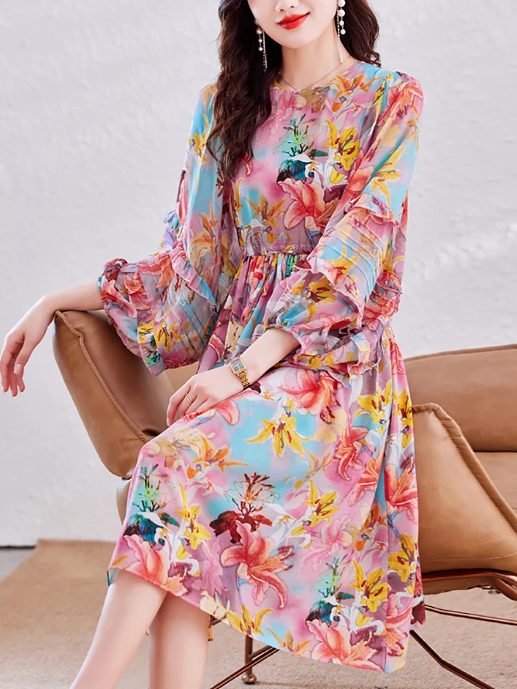 

Women Fashion Floral Silk Casual Beach Long Dress Spring Chic Ruffled Long Sleeve Dress 2024 Korean Elegant Luxury Evening Dress